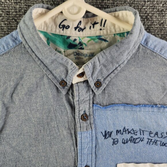 Desigual Regular XL Blue White Colorblock Floral Long Sleeve Button Up Shirt Reg - Picture 2 of 16